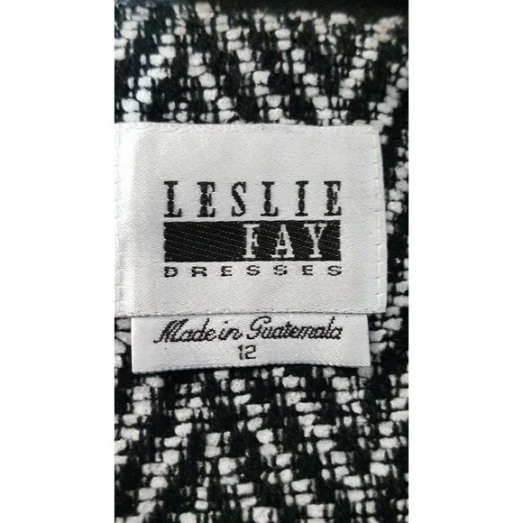 Vintage 90s Skirt Suit Leslie Fay 12 Black Chevron Long Sleeve Faux Leather Trim - Picture 8 of 10